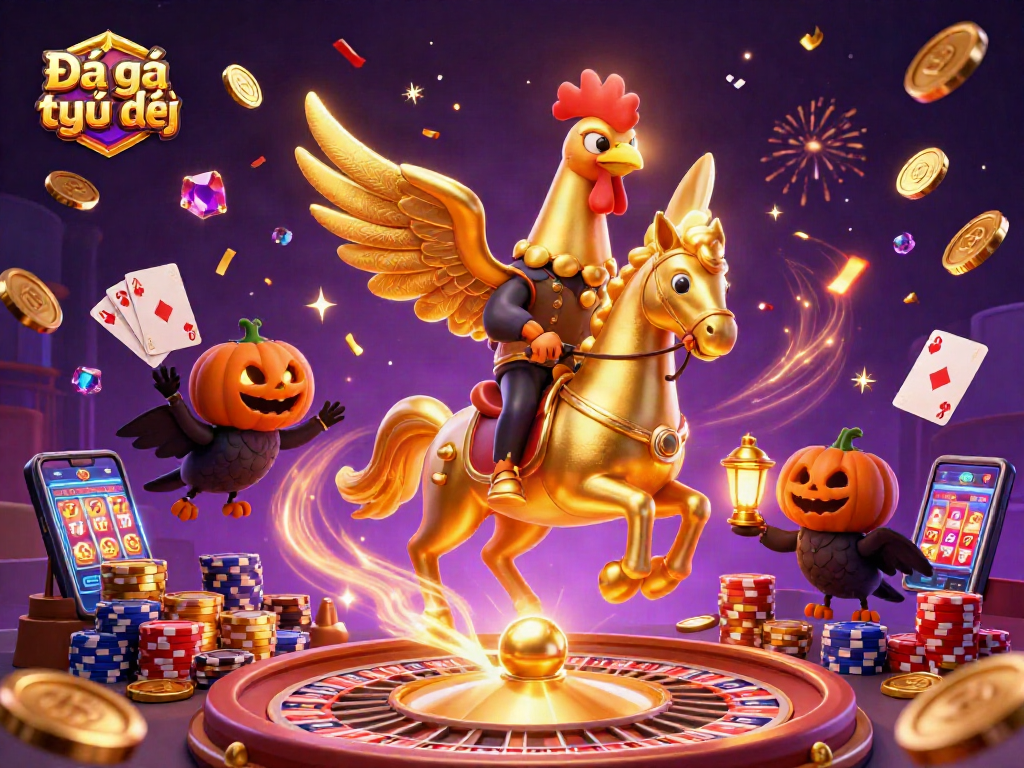 Experience Đá gà trực tiếp with a dazzling display of casino elements and golden rooster characters.