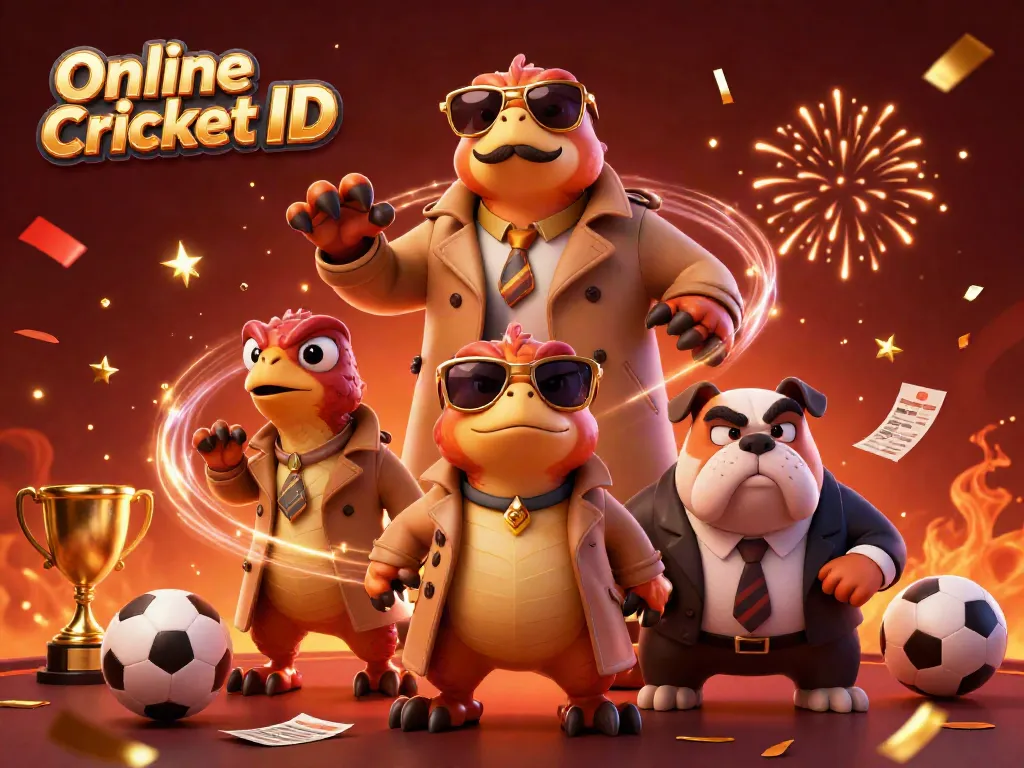 Online Cricket ID scene with playful raptors trying to enter a VIP casino, surrounded by colorful betting elements.