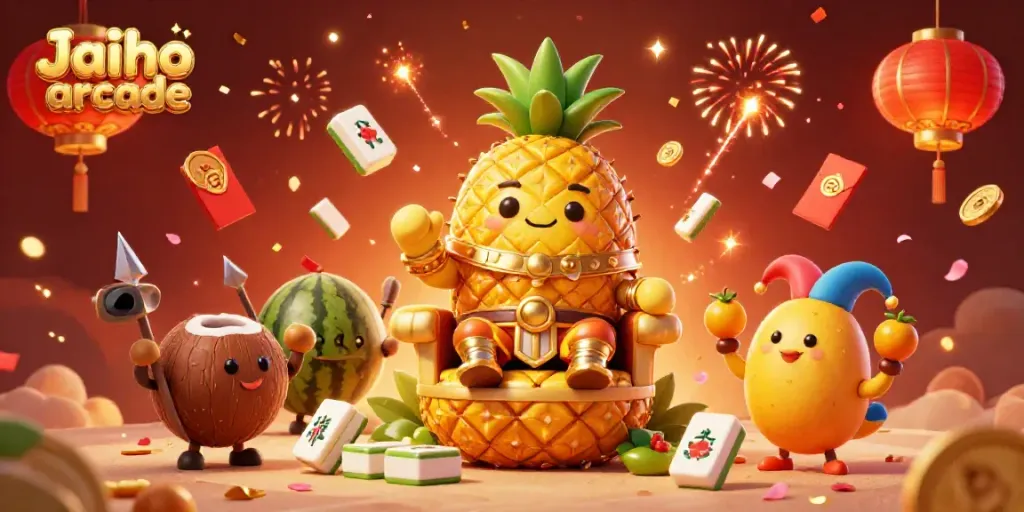 Experience the thrilling Jaiho arcade with a vibrant 3D casino scene featuring a pineapple king and lively game elements.