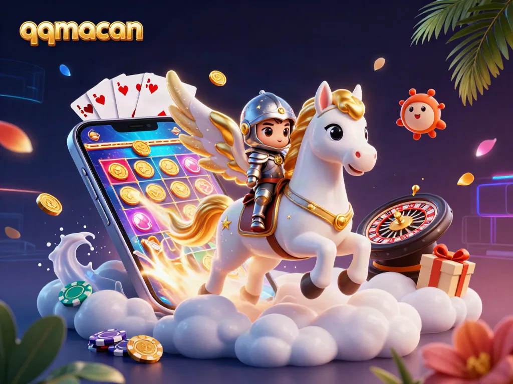 Experience thrilling wins on qqmacan with a dynamic 3D casino scene, featuring a celestial horse and engaging game elements.