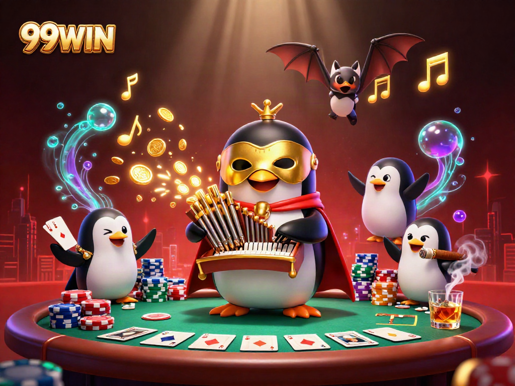 Engage with 99WIN in this vibrant casino scene with a penguin and exciting game elements.