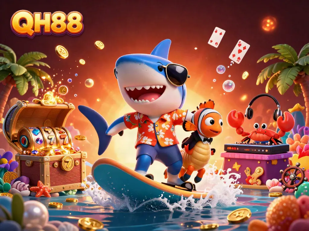 Experience thrilling wins with QH88 at a vibrant gaming paradise featuring cartoon sea creatures.
