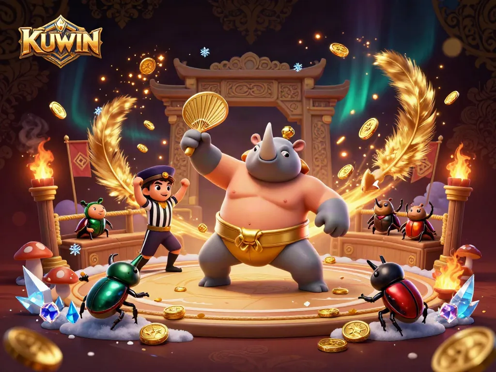 Engage in winning strategies with KUWIN in a vibrant casino-themed illustration showcasing a sumo beetle champion and dynamic gaming elements.