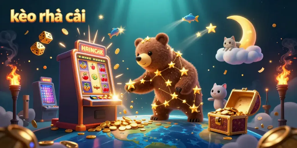 Experience kèo nhà cái with a spectacular 3D casino scene featuring vibrant gaming elements and golden symbols lighting the night.