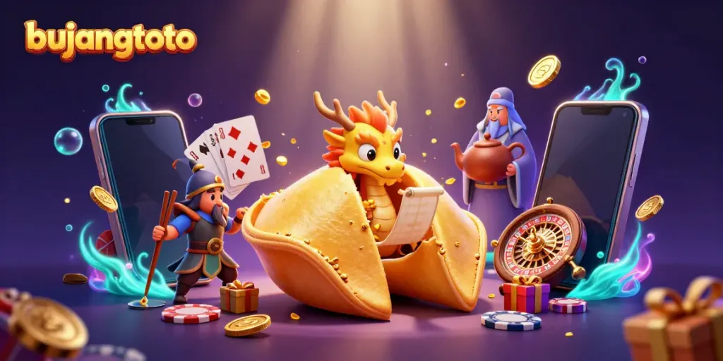 Bujangtoto's captivating scene with a golden fortune cookie, dragon, and fortune gaming elements.