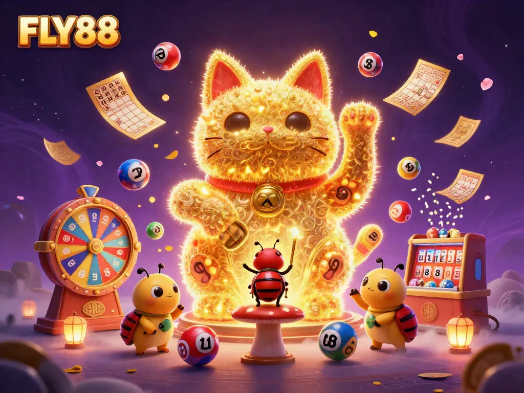 Experience FLY88 with a vibrant golden lucky cat and dynamic casino elements in a dazzling scene.