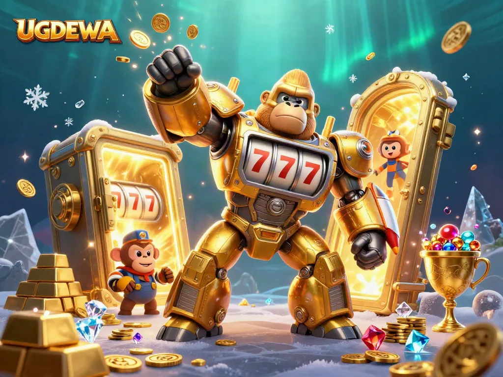 Engage with UGDEWA's thrilling golden gorilla mech smashing through coins in an exciting online gambling scene.