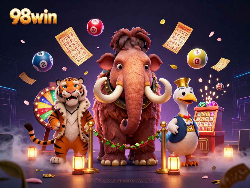 Engage in thrilling games at 98win's colorful casino door with vibrant characters and dynamic lottery elements.