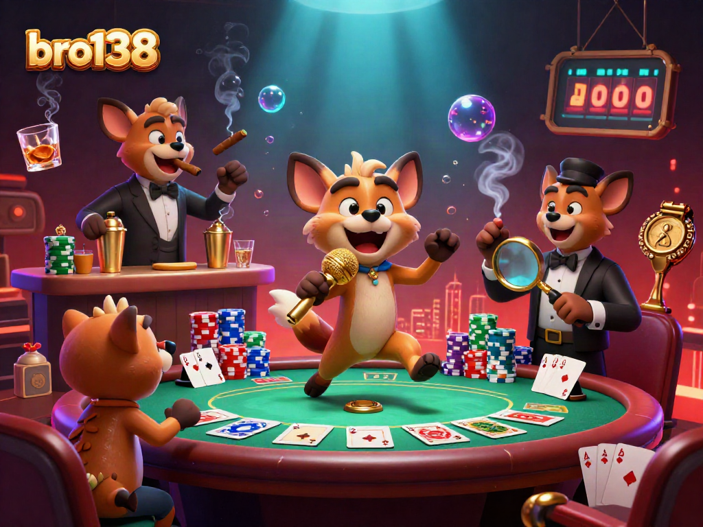 Experience the excitement of bro138 at a lively comedy casino with vibrant details and engaging characters.