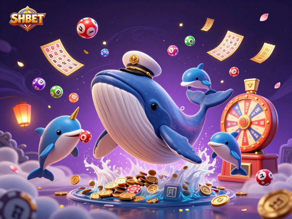 Experience the exciting world of SHBET with vibrant whales, poker chips, and dynamic lottery games.