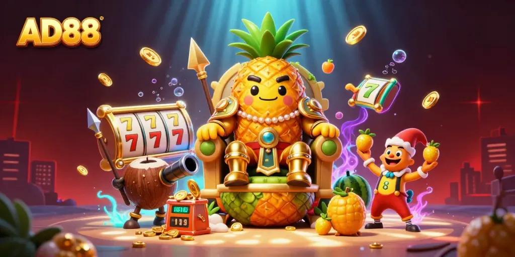 Engage with AD88's vibrant casino world featuring the golden pineapple king and dynamic slot elements.