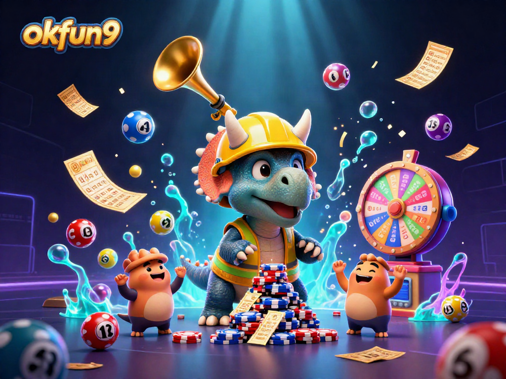 Join the excitement of okfun9 as the triceratops builds a poker chip pyramid amid lively games!