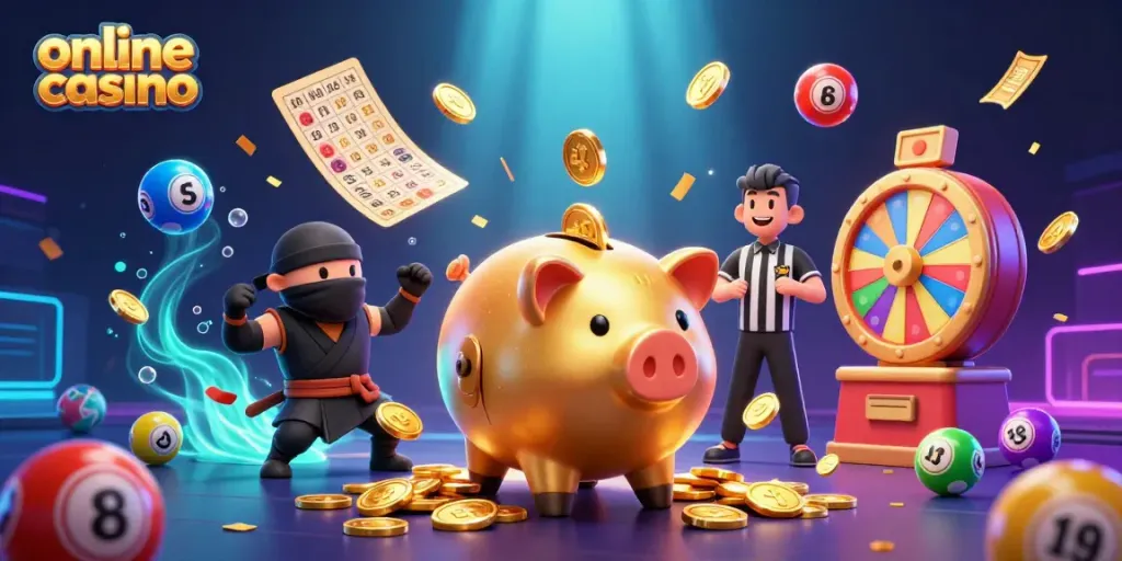 Engage in the online casino experience with a golden piggy bank sumo wrestler amidst colorful lottery elements.