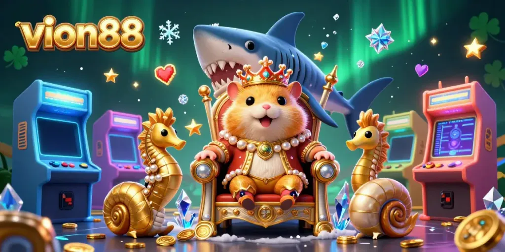 Engage in thrilling gameplay at vion88, featuring a colorful 3D casino scene with a golden hamster king.