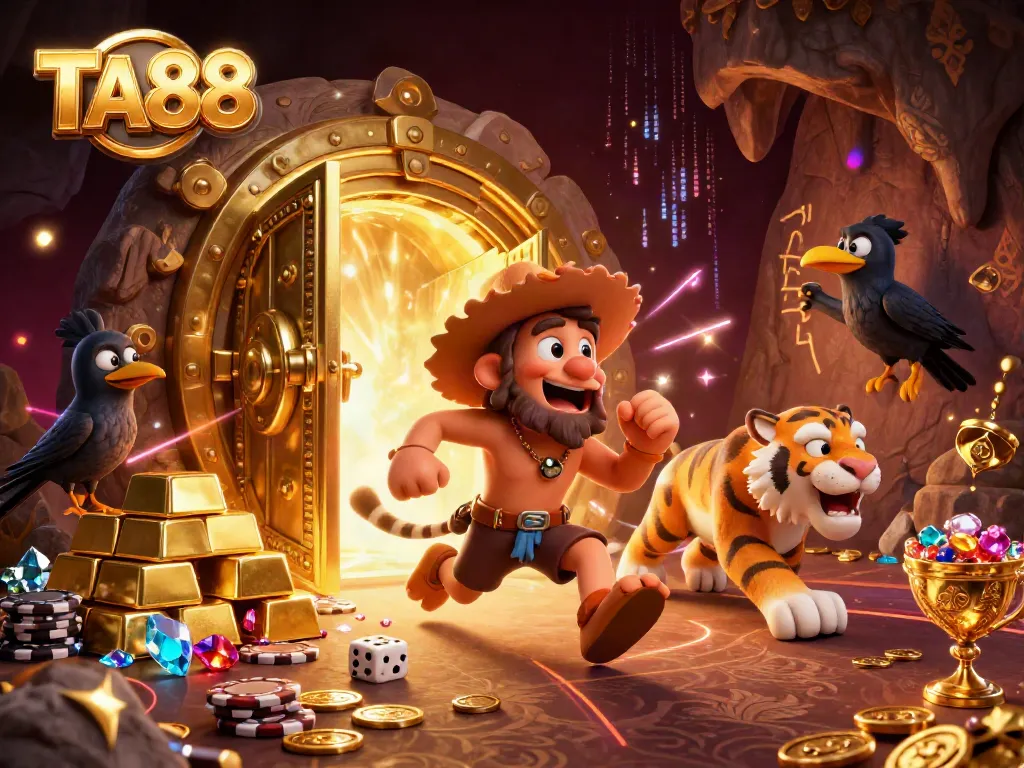 Experience excitement at TA88 with a dynamic prehistoric casino scene showcasing stone poker chips and golden treasures.
