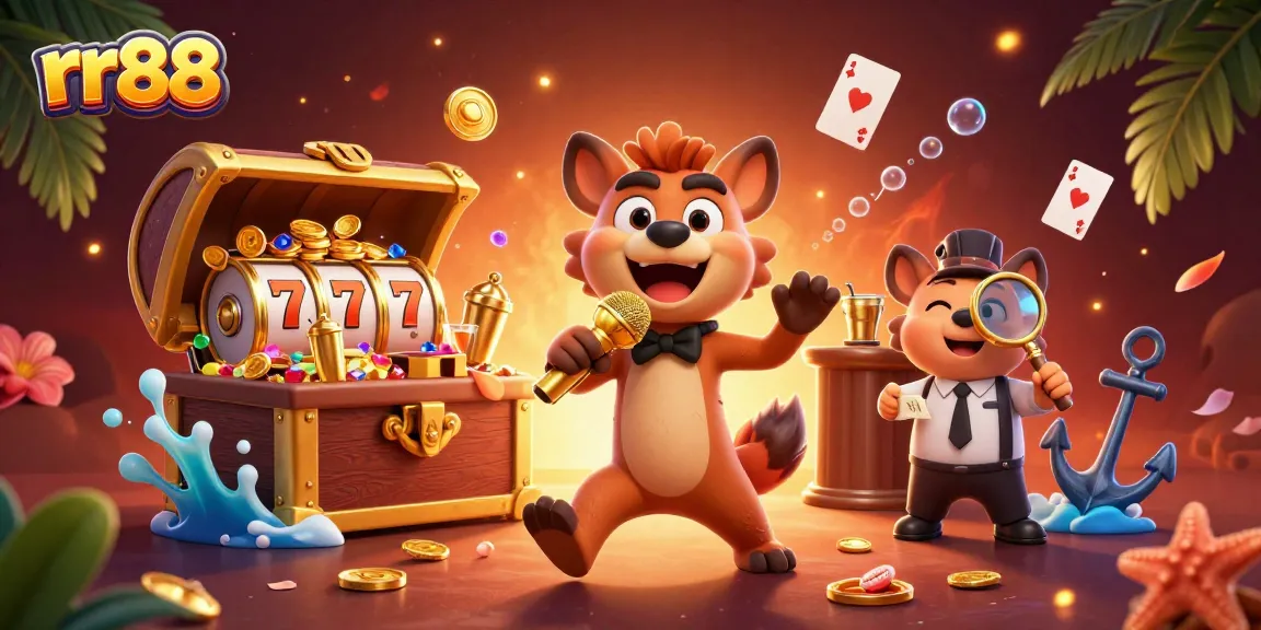 Join the laughter at rr88's comedy casino with hyenas in a vibrant gaming atmosphere.