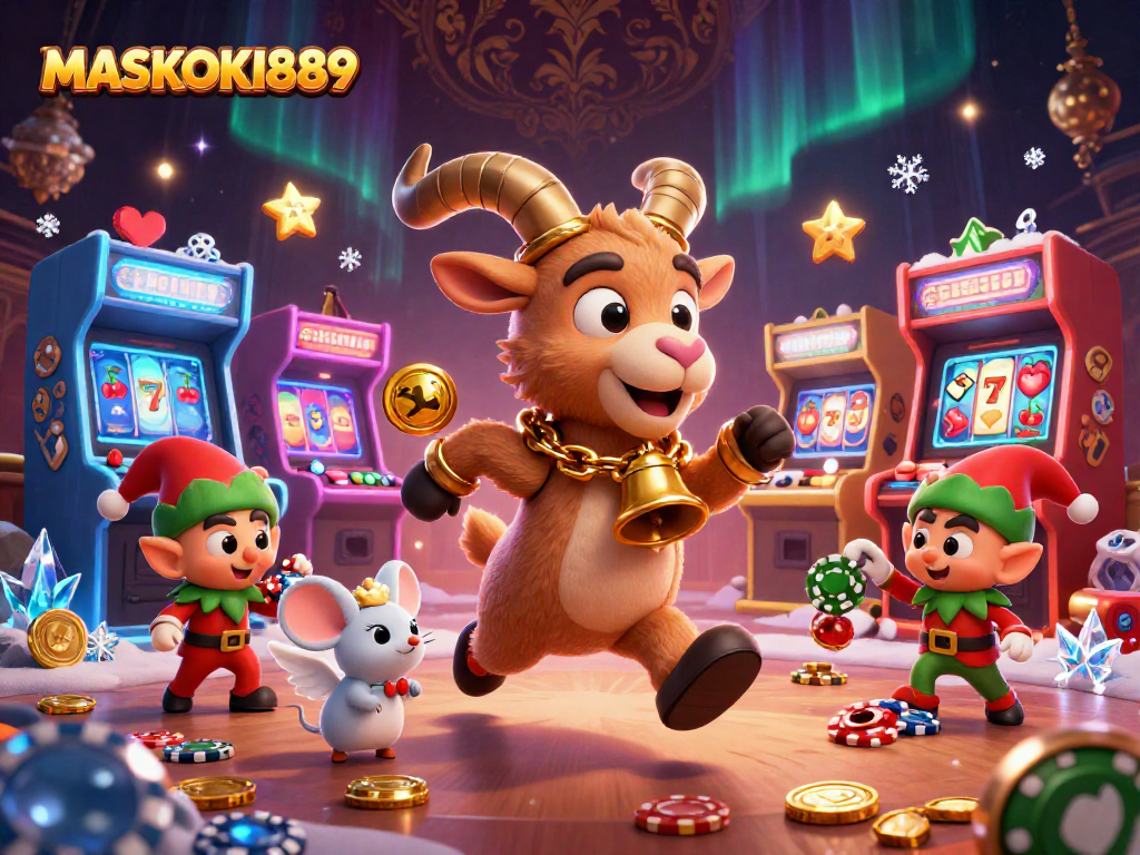 Engage with MASKOKI889 at a holiday-horror casino, featuring festive Krampus and playful characters.