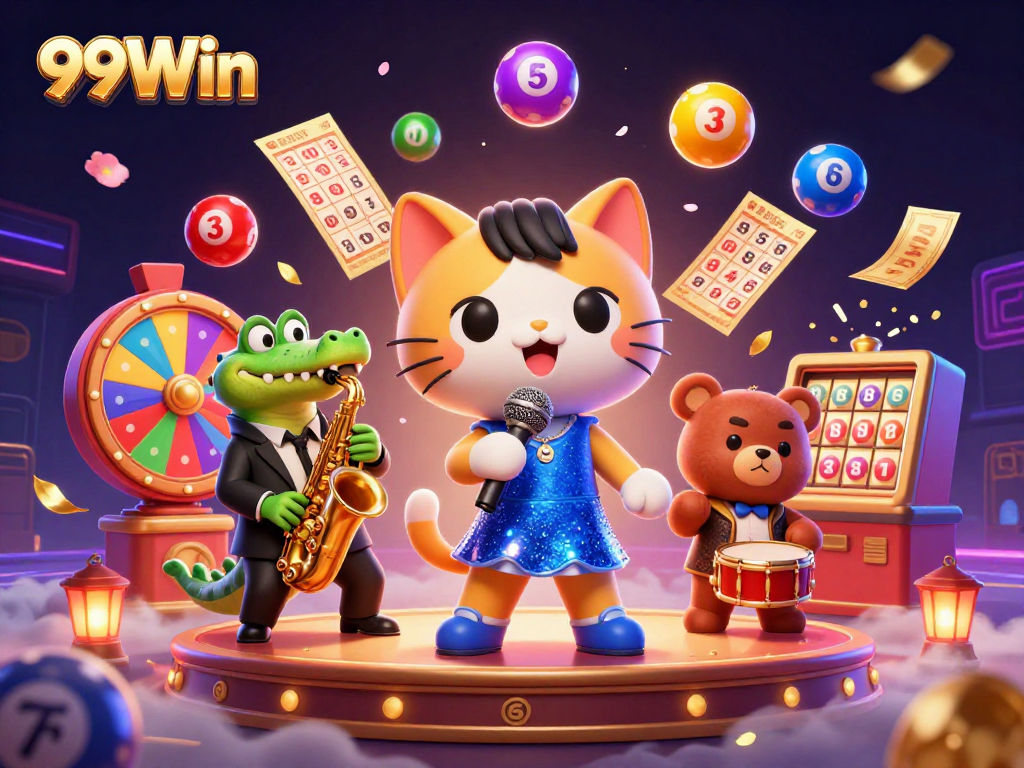 Experience the excitement of 99Win at the casino stage with vibrant lottery elements and engaging characters.