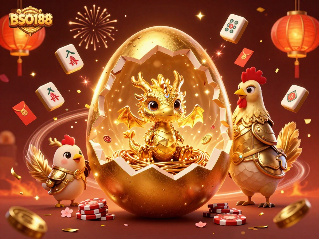 Experience BSO188's thrilling gaming with a dazzling illustration of a golden dragon defending its poker chip nest.