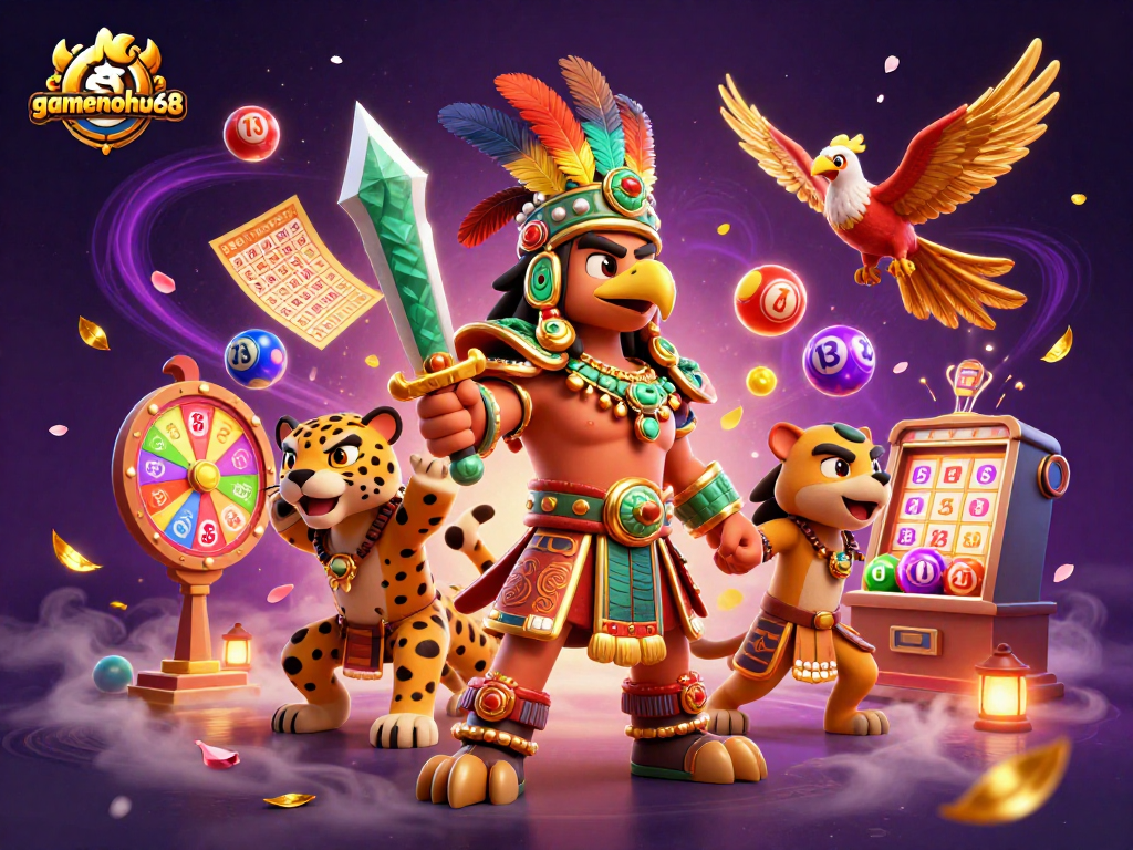 Engage with gamenohu68's vibrant lottery scene featuring dynamic colorful elements and victorious characters.