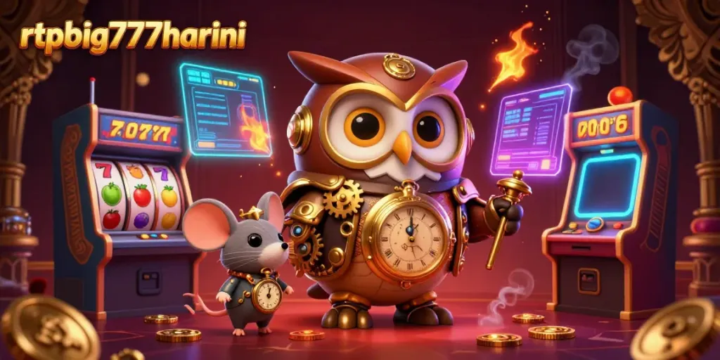 Engage with rtpbig777hariini featuring a magical scene of a time-traveler owl in a steampunk casino environment.