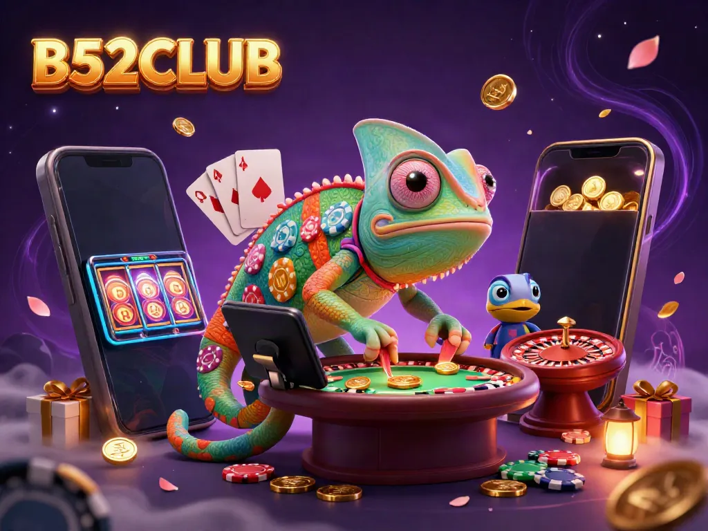 Win big at B52CLUB with an energetic casino-themed illustration featuring interactive gaming elements and vibrant colors.