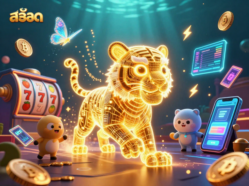 Experience exciting สล็อต gameplay with dynamic slot reels and crypto elements in a vibrant casino scene.