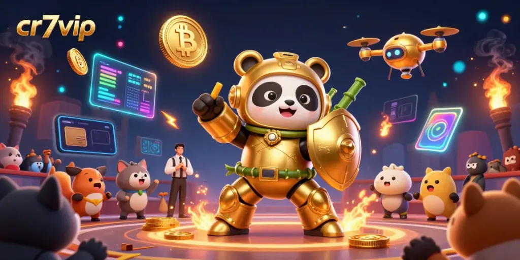 Menangkan taruhan di cr7vip dengan panda emas bertarung di arena kasino futuristik.