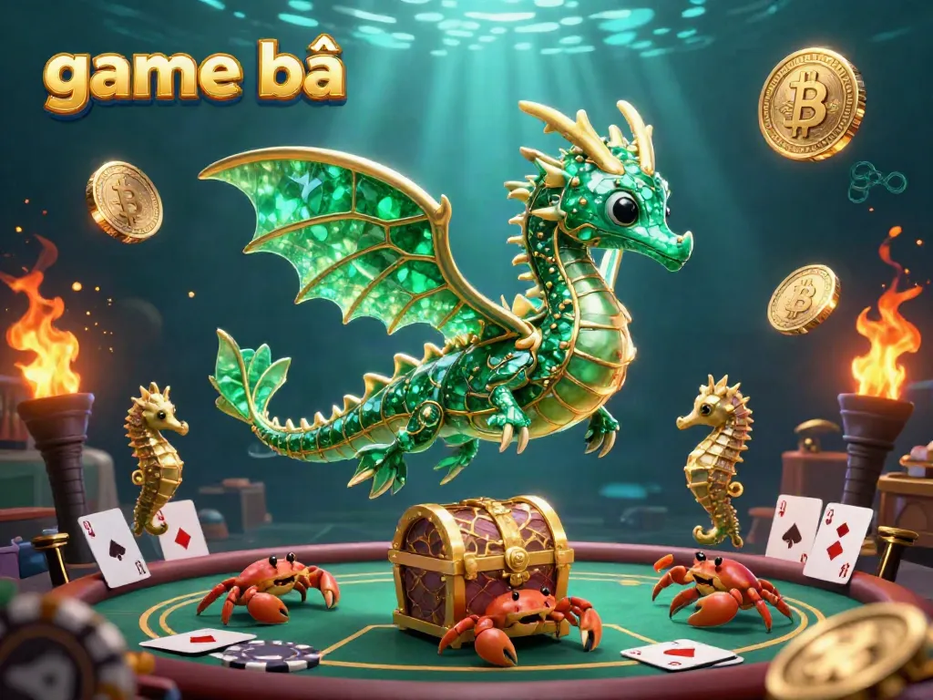 Experience the vibrant action of game bài with a sea dragon and poker elements under vibrant waves.