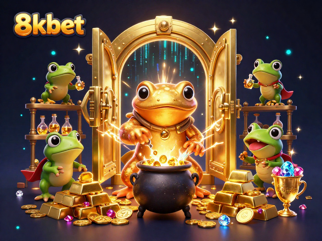 Experience the excitement of 8kbet with dynamic scenes of alchemy and treasures in a vibrant casino setting.