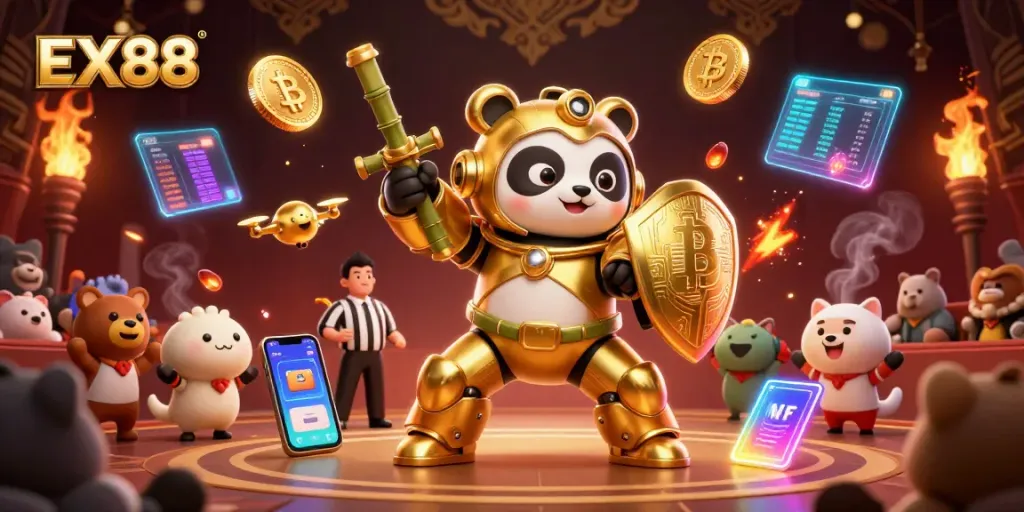 Engage with the thrilling world of EX88 through a dynamic 3D illustration of colorful casino elements.