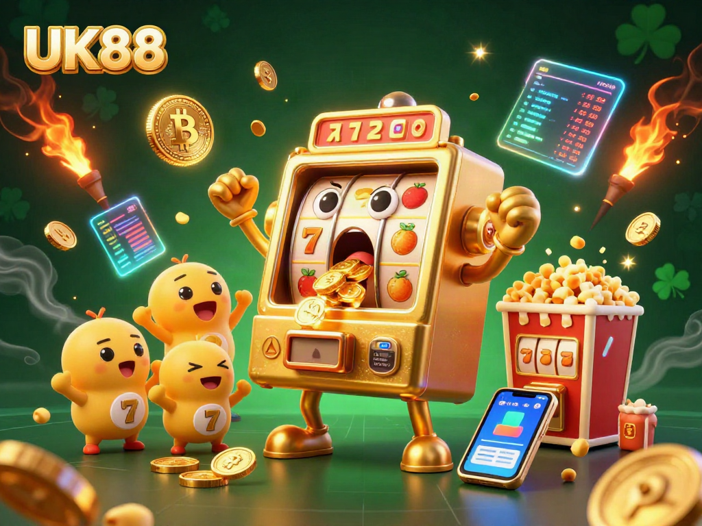 Experience the excitement of UK88 with a golden slot machine celebrating a big win surrounded by vibrant casino elements.