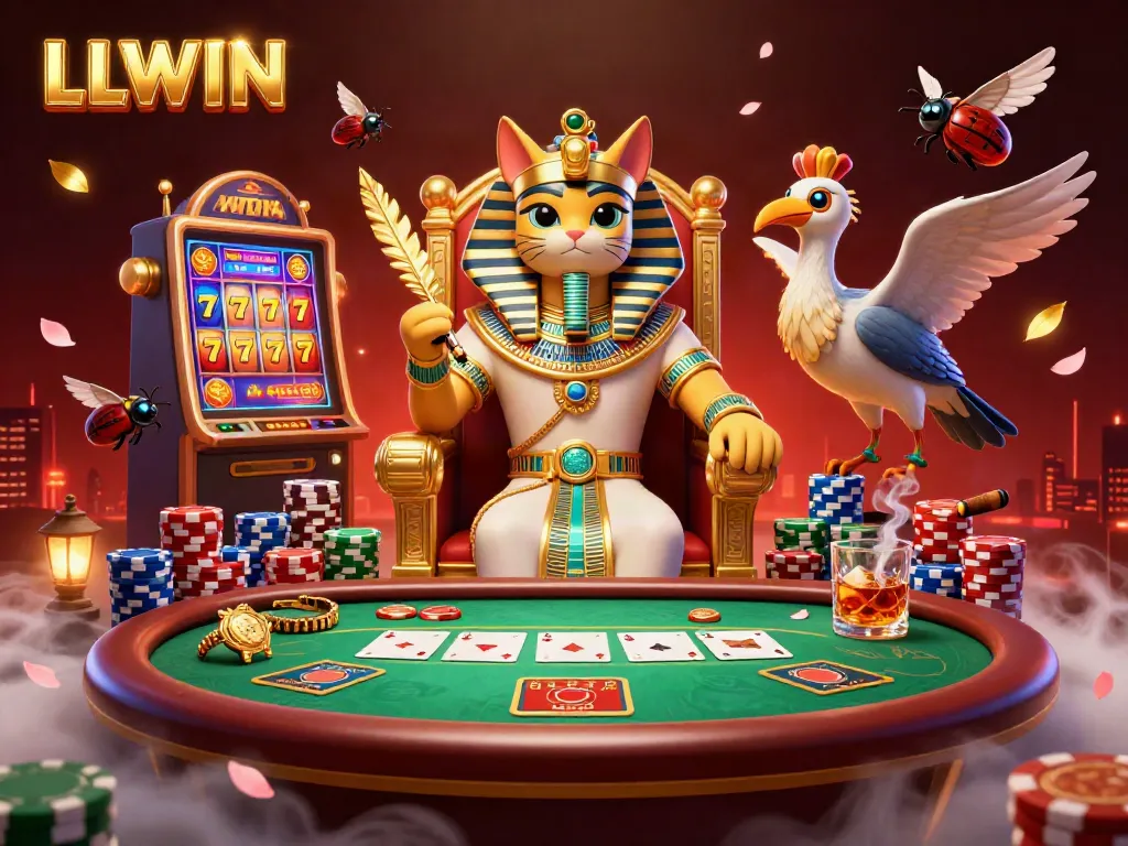 Experience the excitement of LLWIN with a vibrant pharaoh cat and slot machine in a dynamic 3D casino scene.