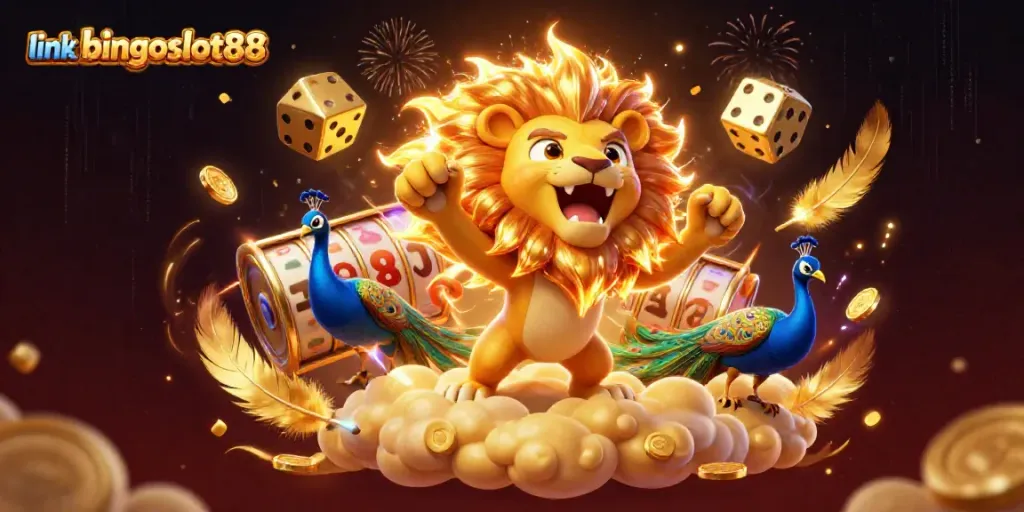 Putaran slot dan dadu emas mewakili link bingoslot88 dalam ilustrasi kasino yang menakjubkan.