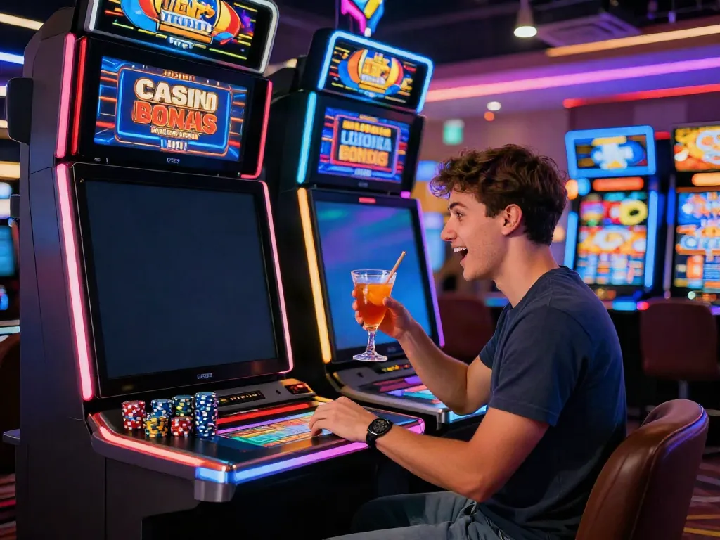 Junger Spieler feiert einen Casino Bonus ohne Einzahlung in einem modernen Casino mit leuchtenden Lichtern und Spielautomaten.