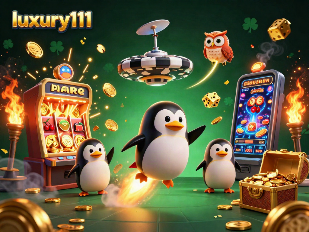 The luxury111 casino adventure features a golden penguin and vibrant slots bursting with coins.