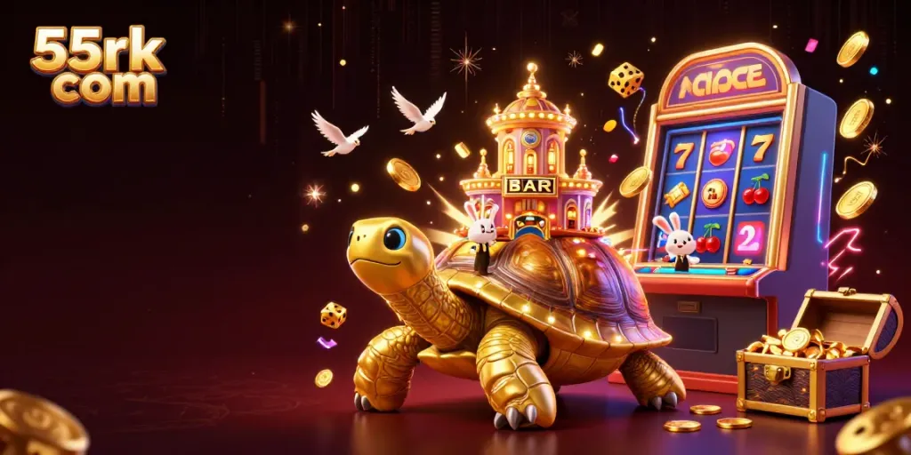 Jackpot explosion at 55rk com with a giant golden tortoise and playful casino elements.