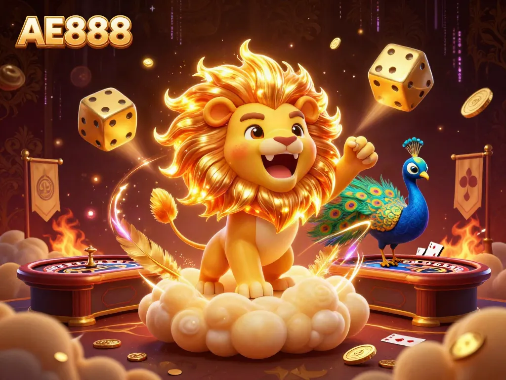 Experience the thrill at AE888 with an epic scene of golden dice and dazzling casino elements.