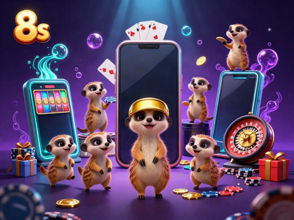 Engage in the thrilling world of 8s casino with meerkats operating an elaborate gaming setup.