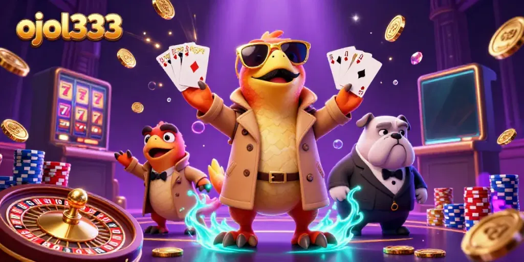 Engage with the dynamic scene at ojol333 featuring unique raptors in a trench coat entering a casino, enriched with casino elements.