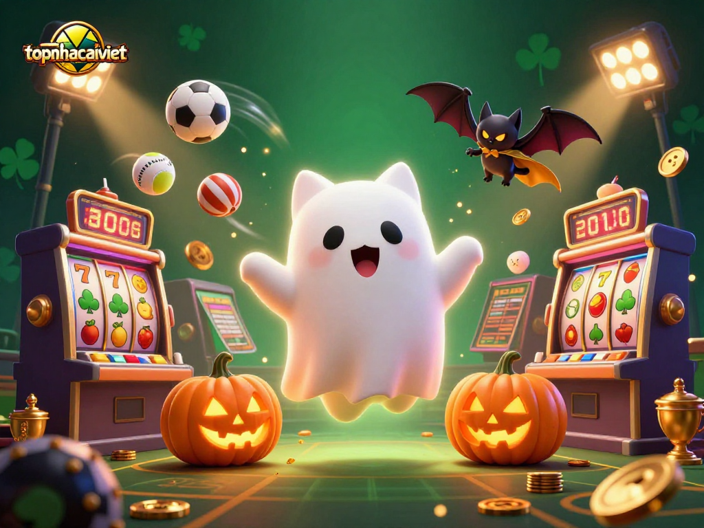 Engage with topnhacaiviet in an exciting haunted casino scene featuring animated characters and vibrant gaming elements.