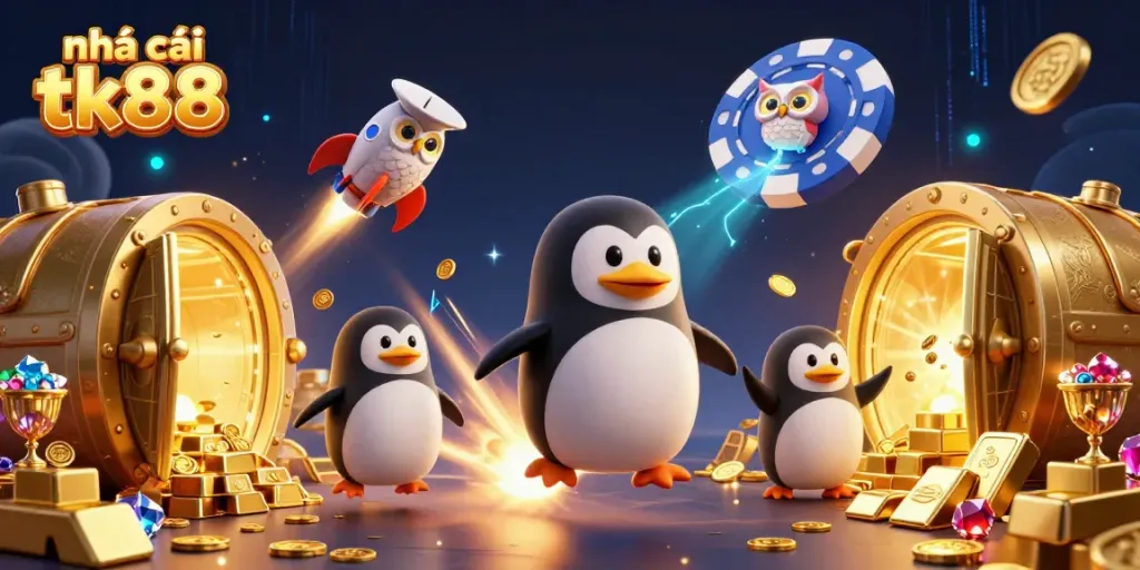 Bonuses galore await at nhà cái tk88 with a whimsical golden penguin and treasure