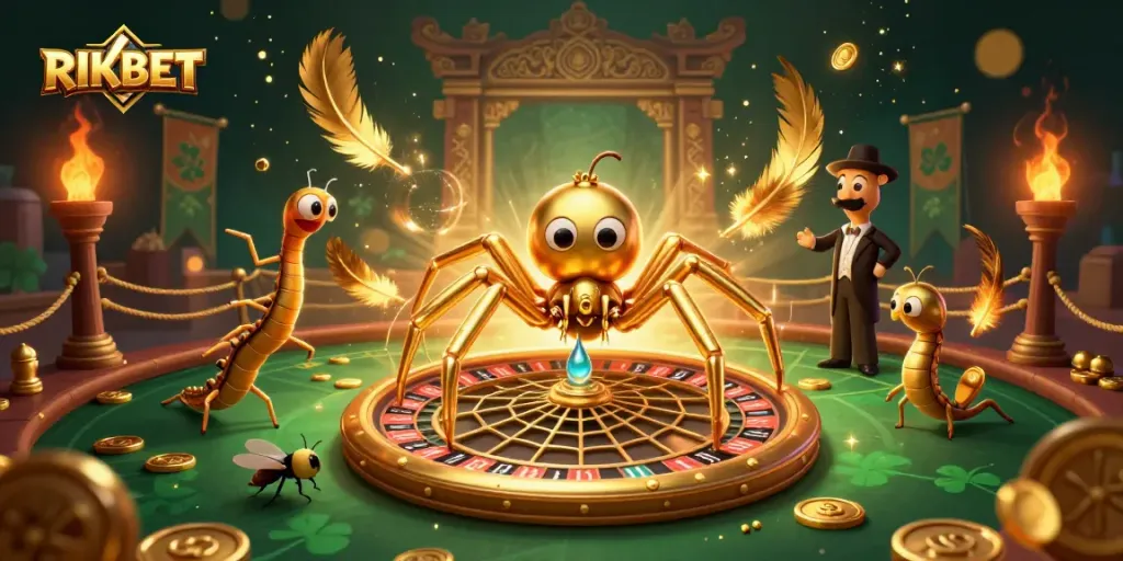 Engage in thrilling betting action at RIKBET with a dynamic scene featuring a spider and croupier.
