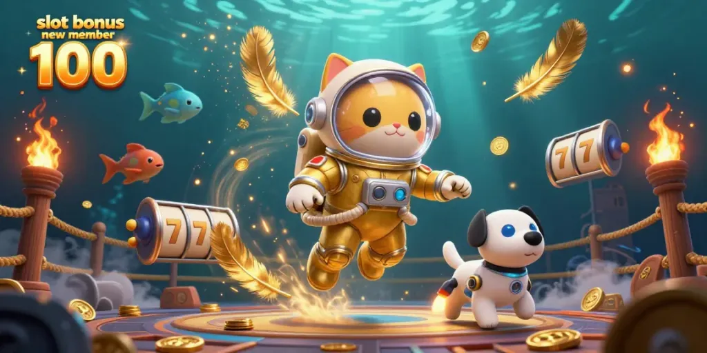 Experience slot bonus new member 100 excitement with a 3D cartoon cat astronaut in a vibrant gambling-themed scene.