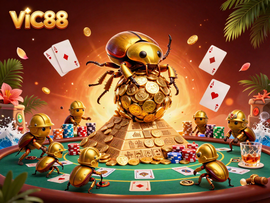 Bet big with VIC88, showcasing a vibrant casino scene with dynamic poker elements and golden treasures.