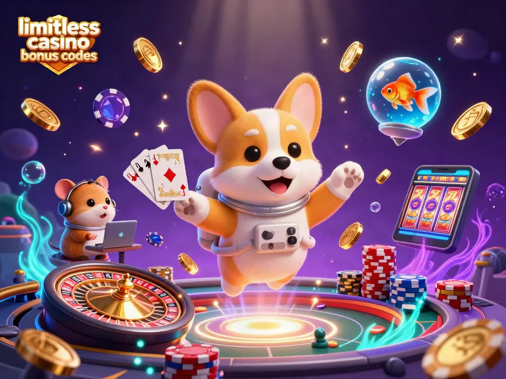Engage with limitless casino bonus codes amidst playful space-themed characters and casino elements.