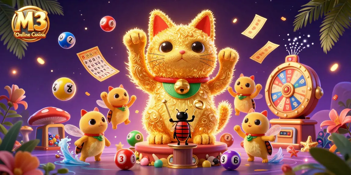 Experience vibrant fun at M3 Online Casino with a colorful illustration of lucky symbols and games.