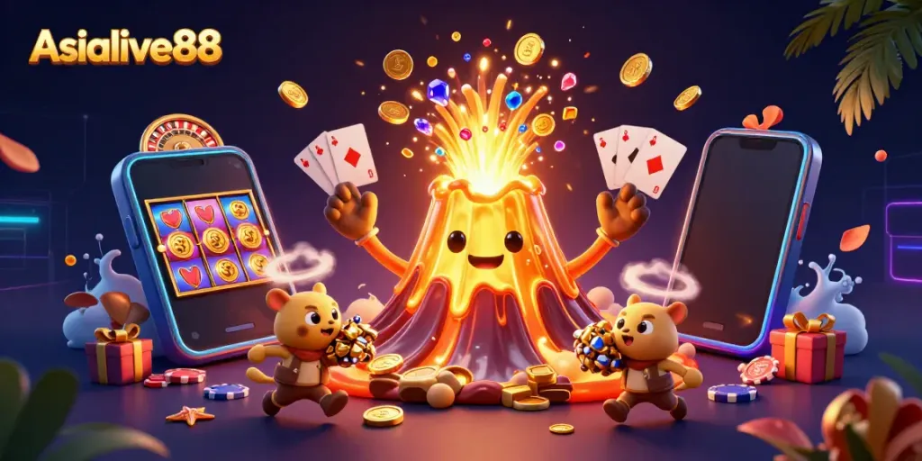 Experience the thrill of Asialive88 with a vibrant 3D scene showcasing slots, coins, and a golden volcano.