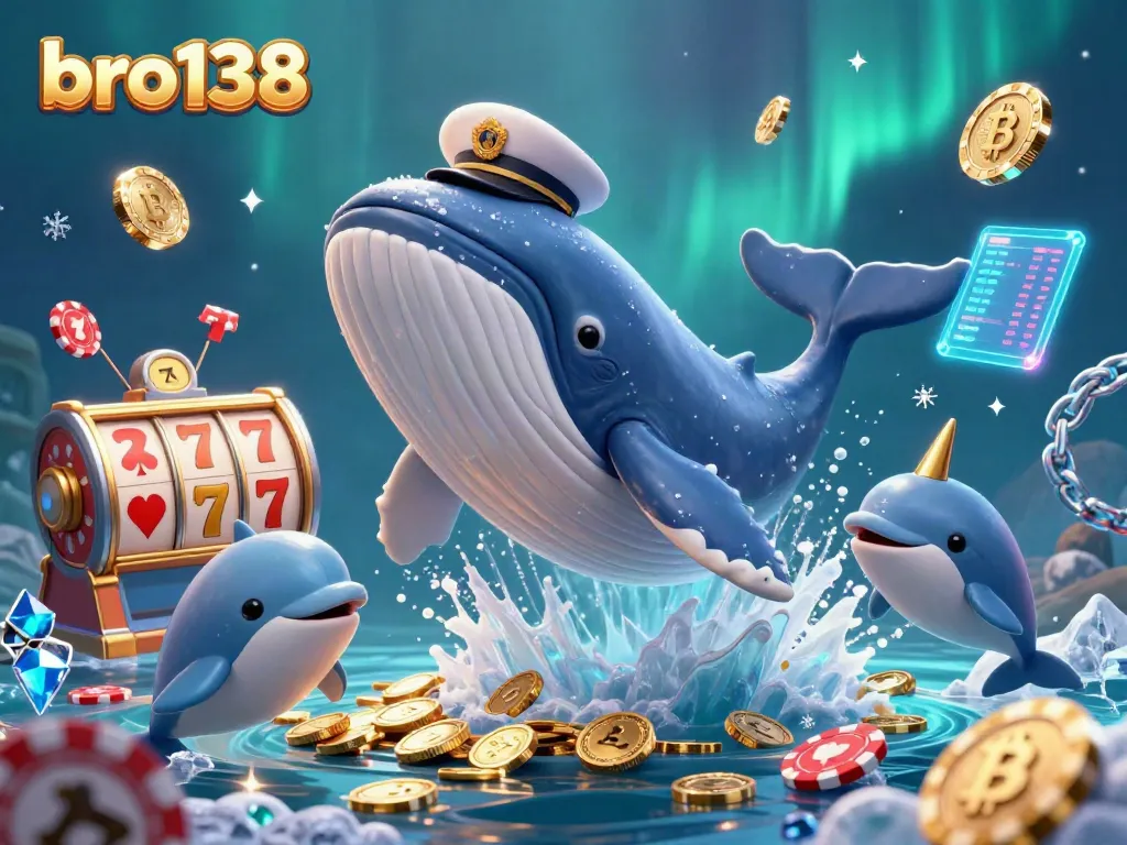 Experience the excitement at bro138 with playful dolphins, a captain whale, and vibrant slot reels.