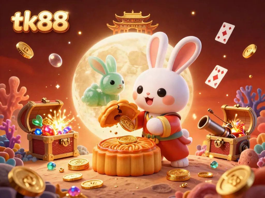 Join the fun at tk88 with a lively 3D scene featuring a moon rabbit and vibrant casino elements.